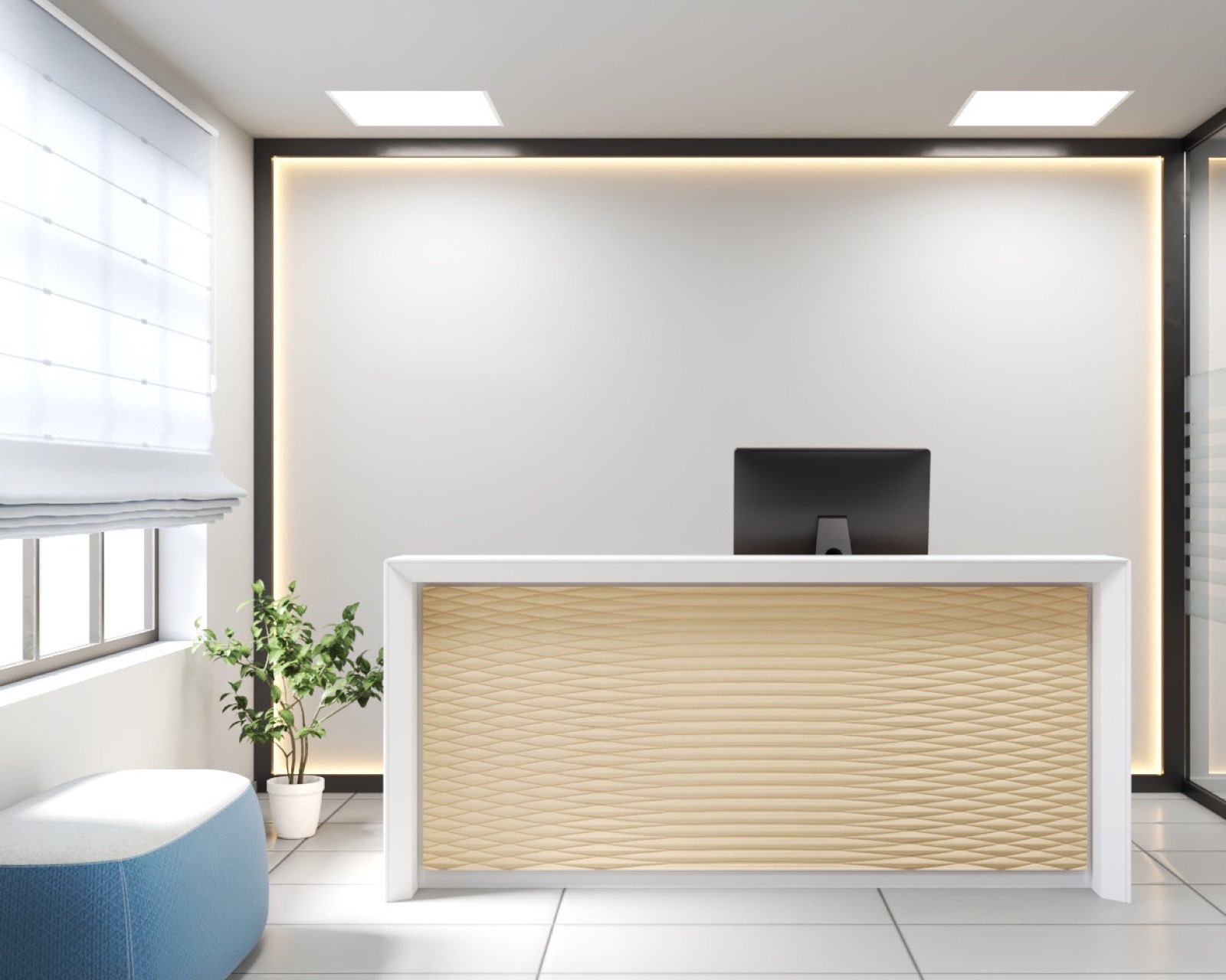 Front desk and waiting area of the AMAC Plaza office fit-out