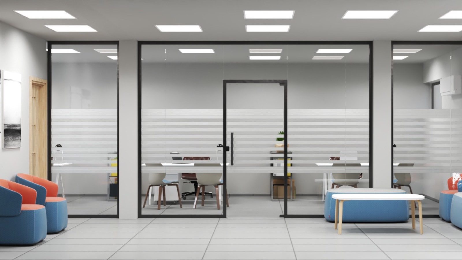 Open-plan workspace with glazed partitions at AMAC Plaza