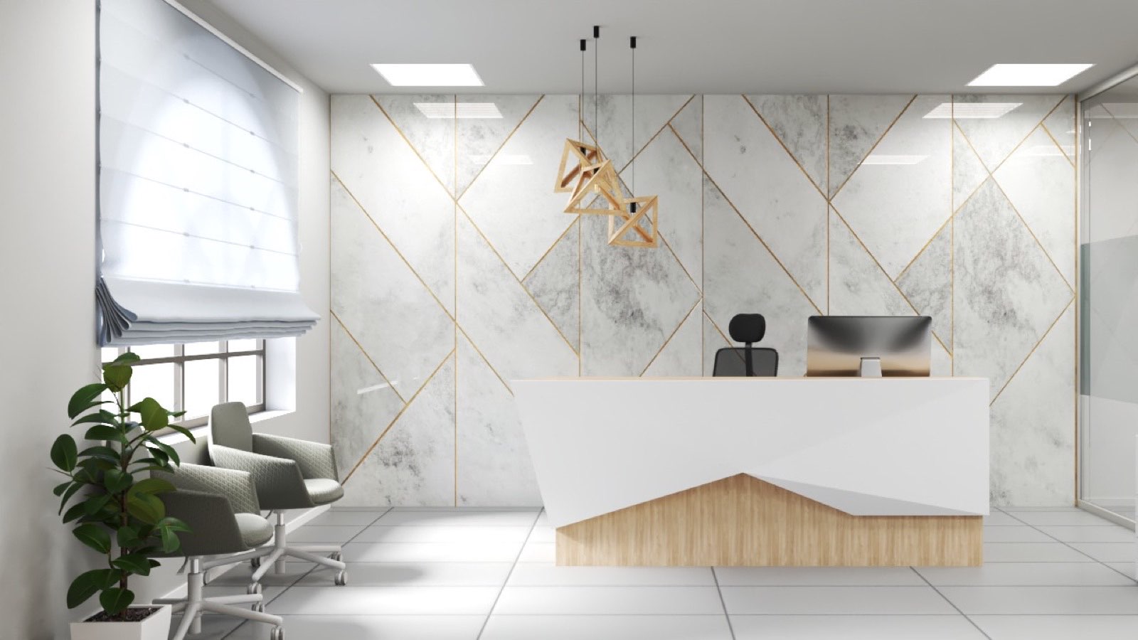 Reception desk in marble finish at the AMAC Plaza office