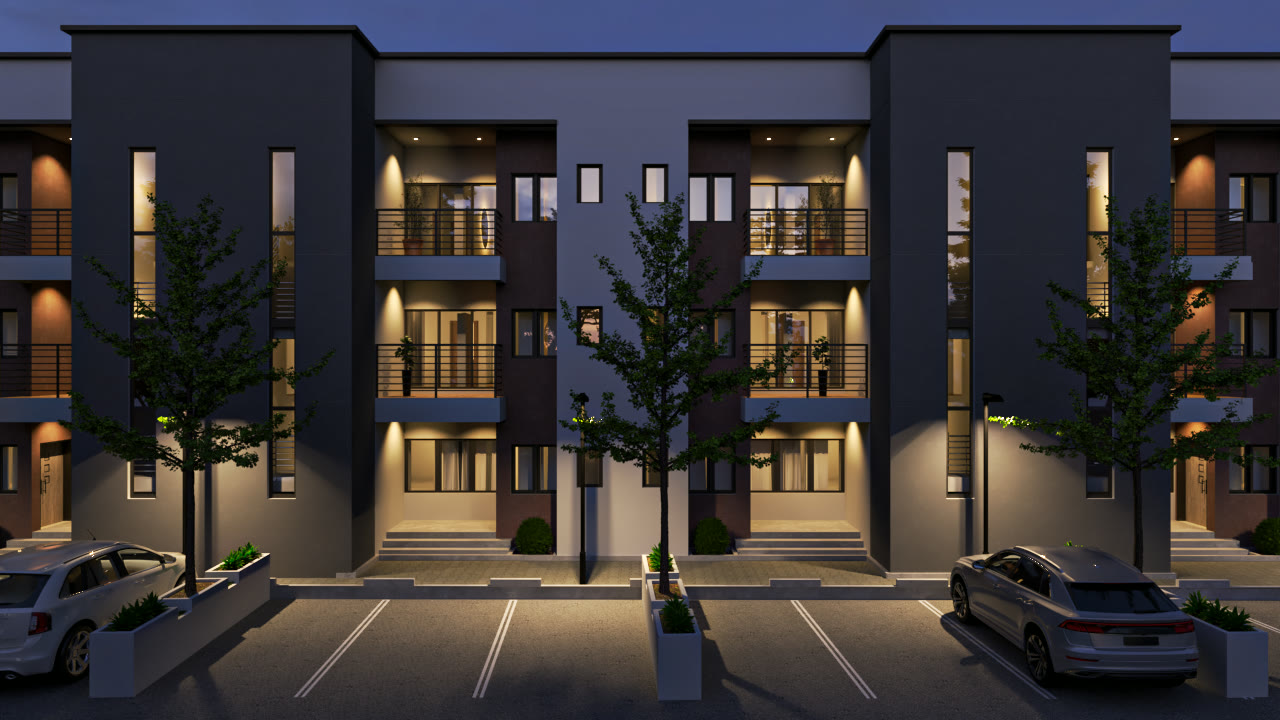 Design visualisation of the Belleville Estate blocks lit at night, Katampe, Abuja