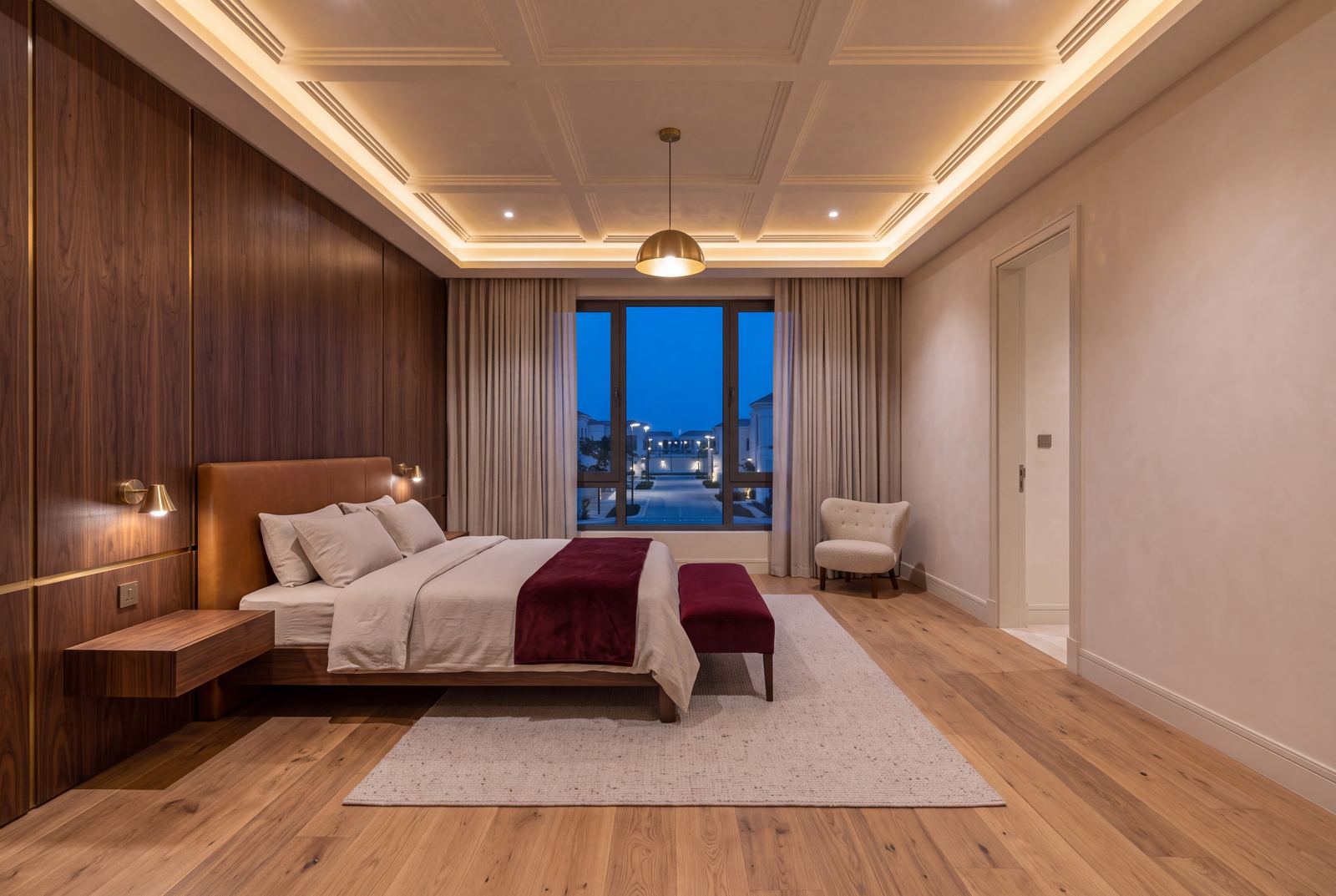 Design visualisation of a Belleville master bedroom with a caramel leather headboard and a burgundy throw