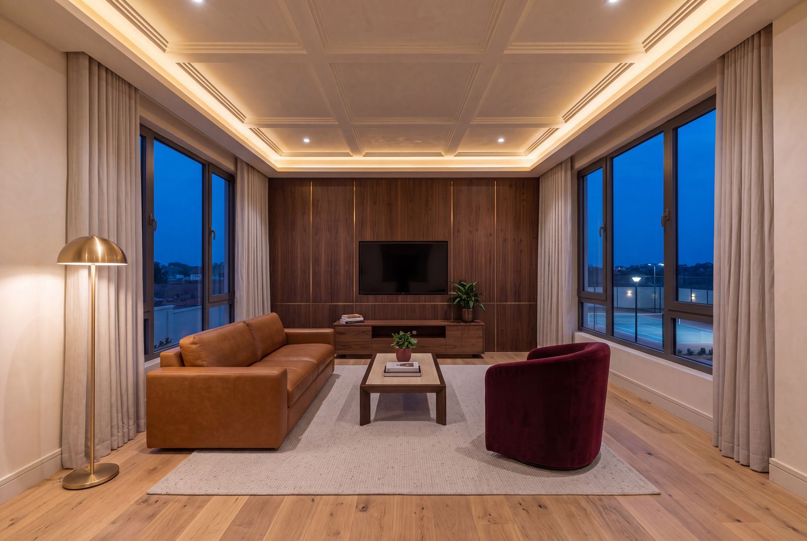 Design visualisation of a Belleville family lounge with a caramel sofa and a burgundy armchair