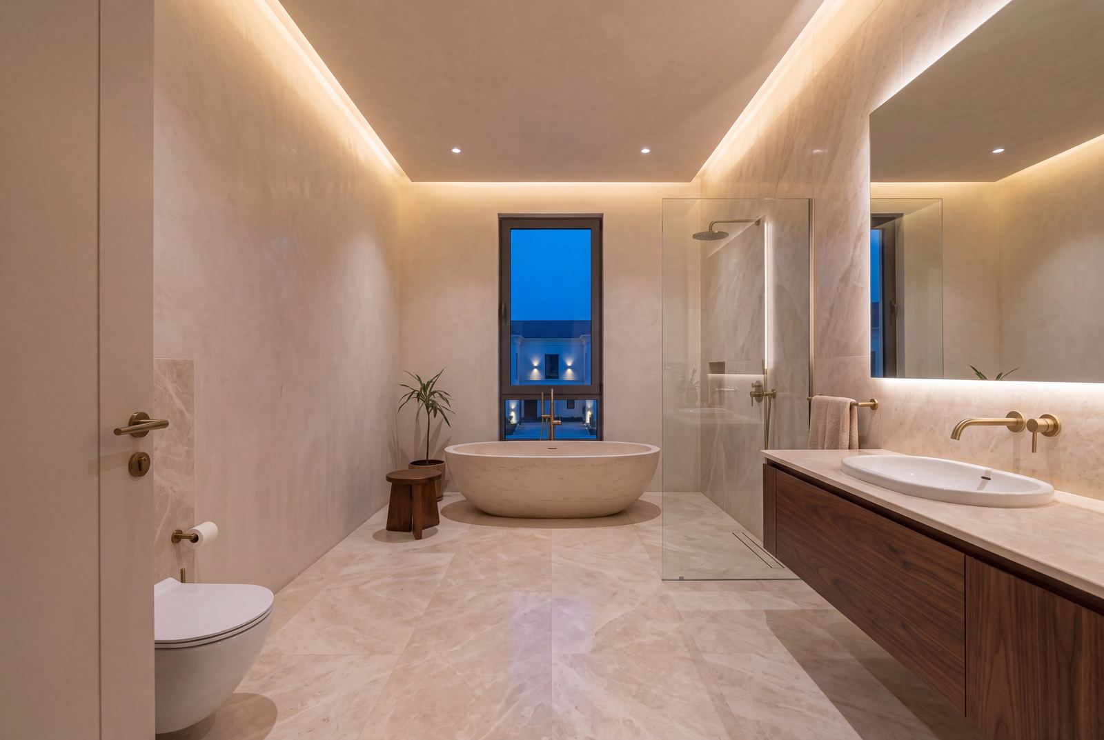 Design visualisation of a Belleville master bathroom in cream marble with a walnut vanity and brass