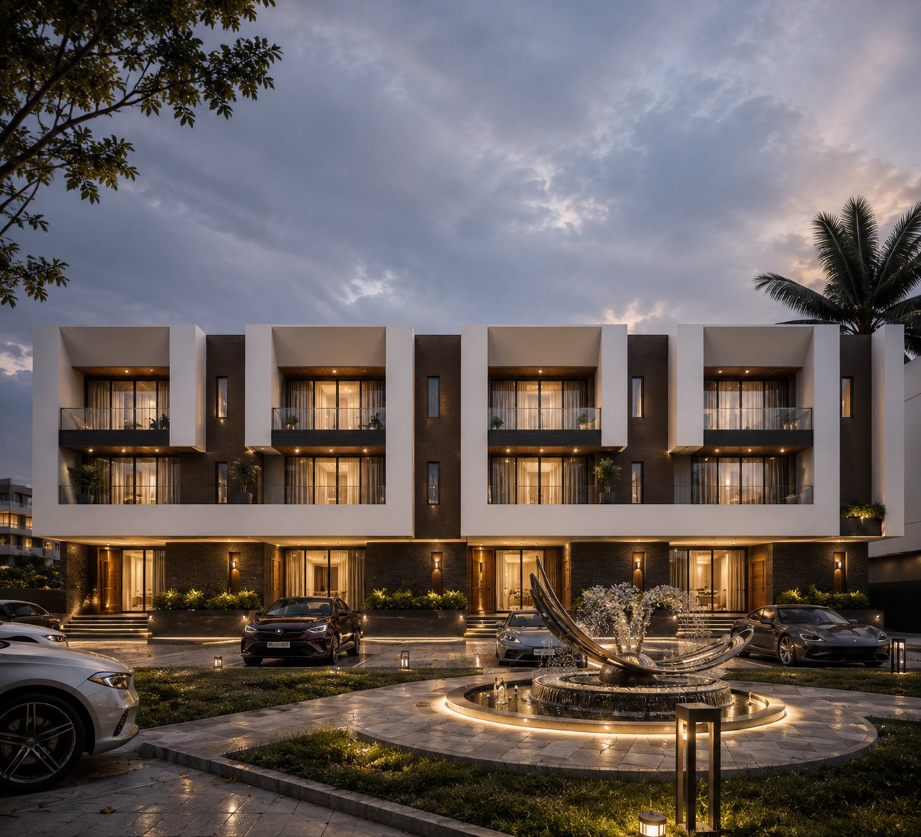 Design visualisation of the Claire Mont terraces at dusk