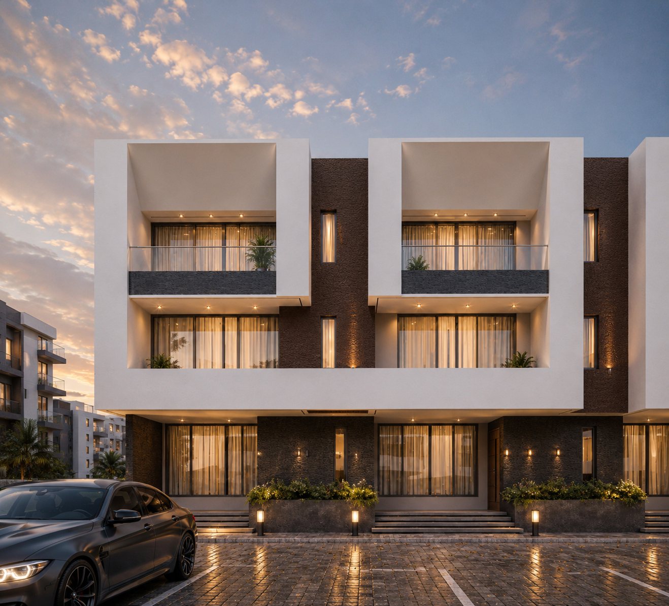 Design visualisation of two Claire Mont terrace units seen close