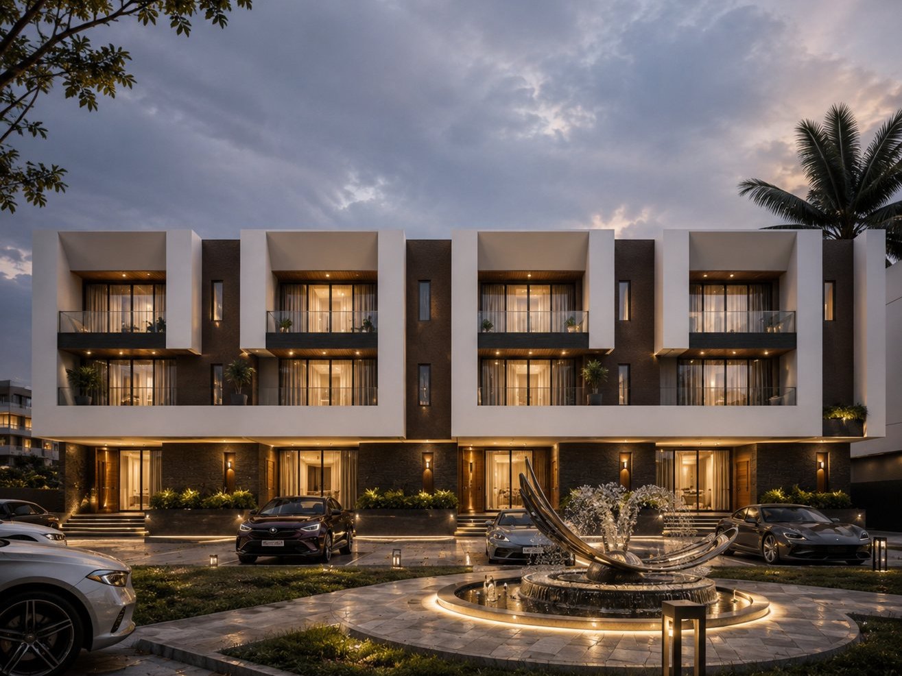 Design visualisation of the Claire Mont terraces at dusk, Katampe Extension, Abuja
