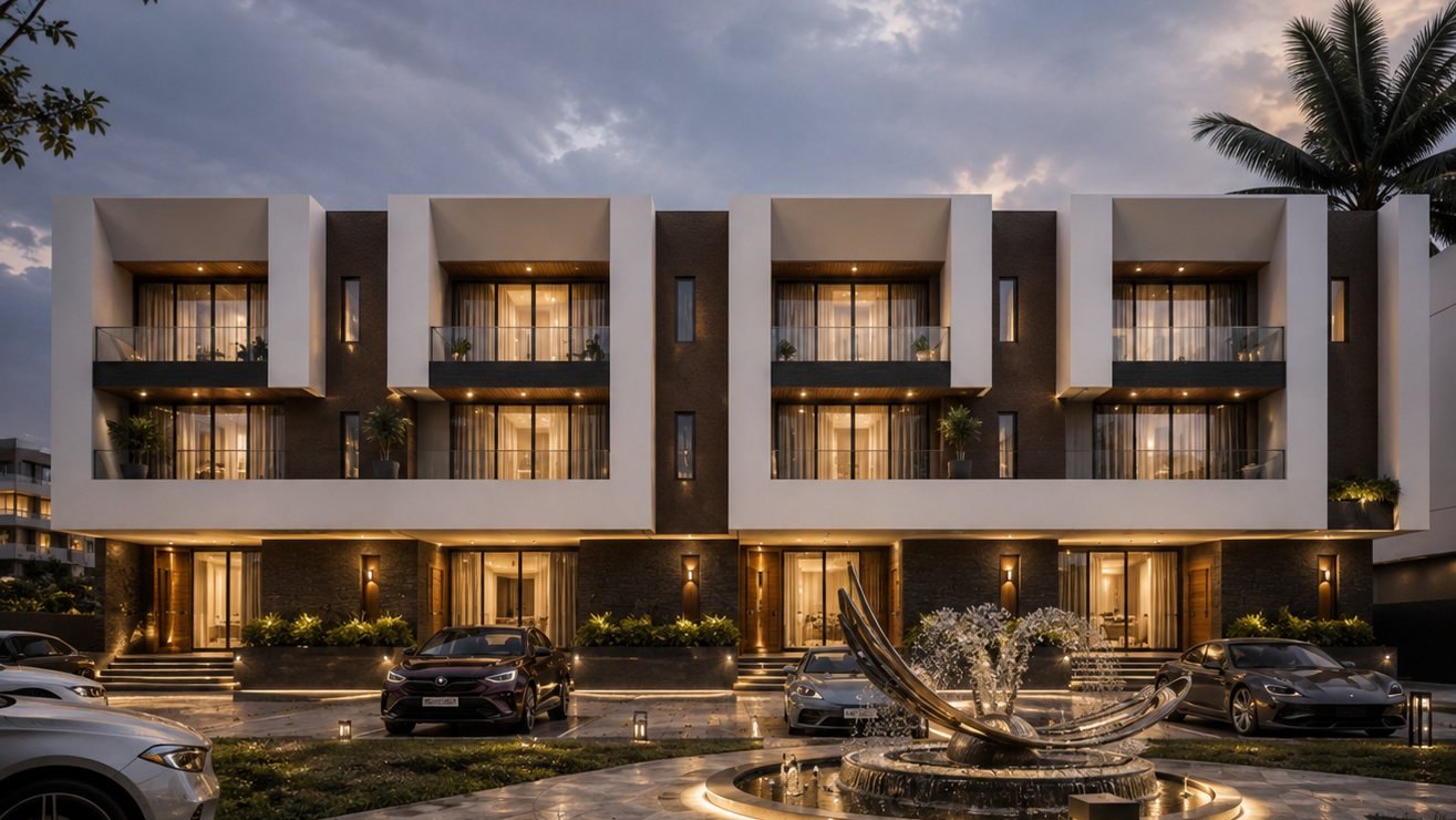 Design visualisation of the Claire Mont terraces at dusk, Katampe Extension, Abuja
