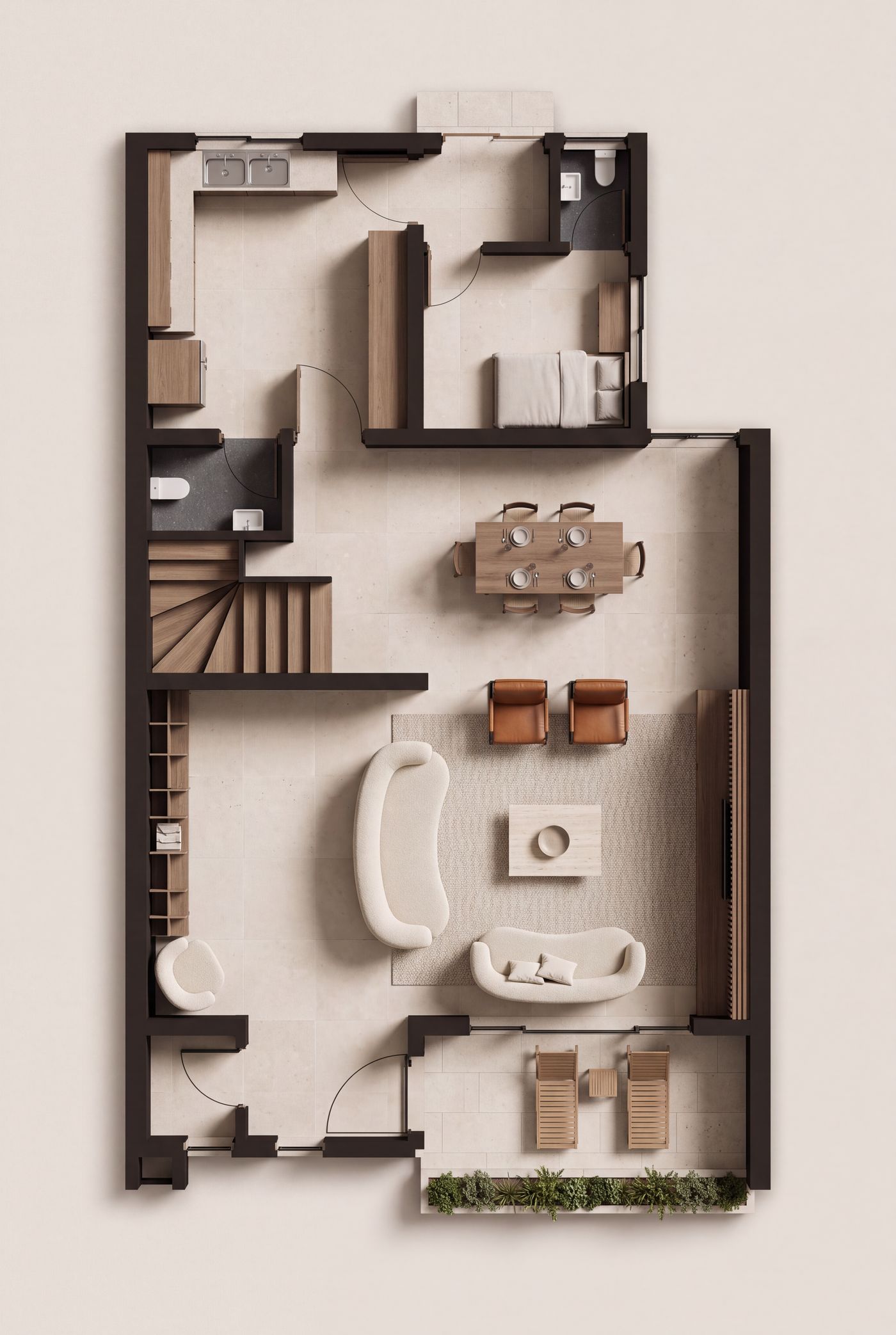 Furnished plan of the Claire Mont terrace ground floor