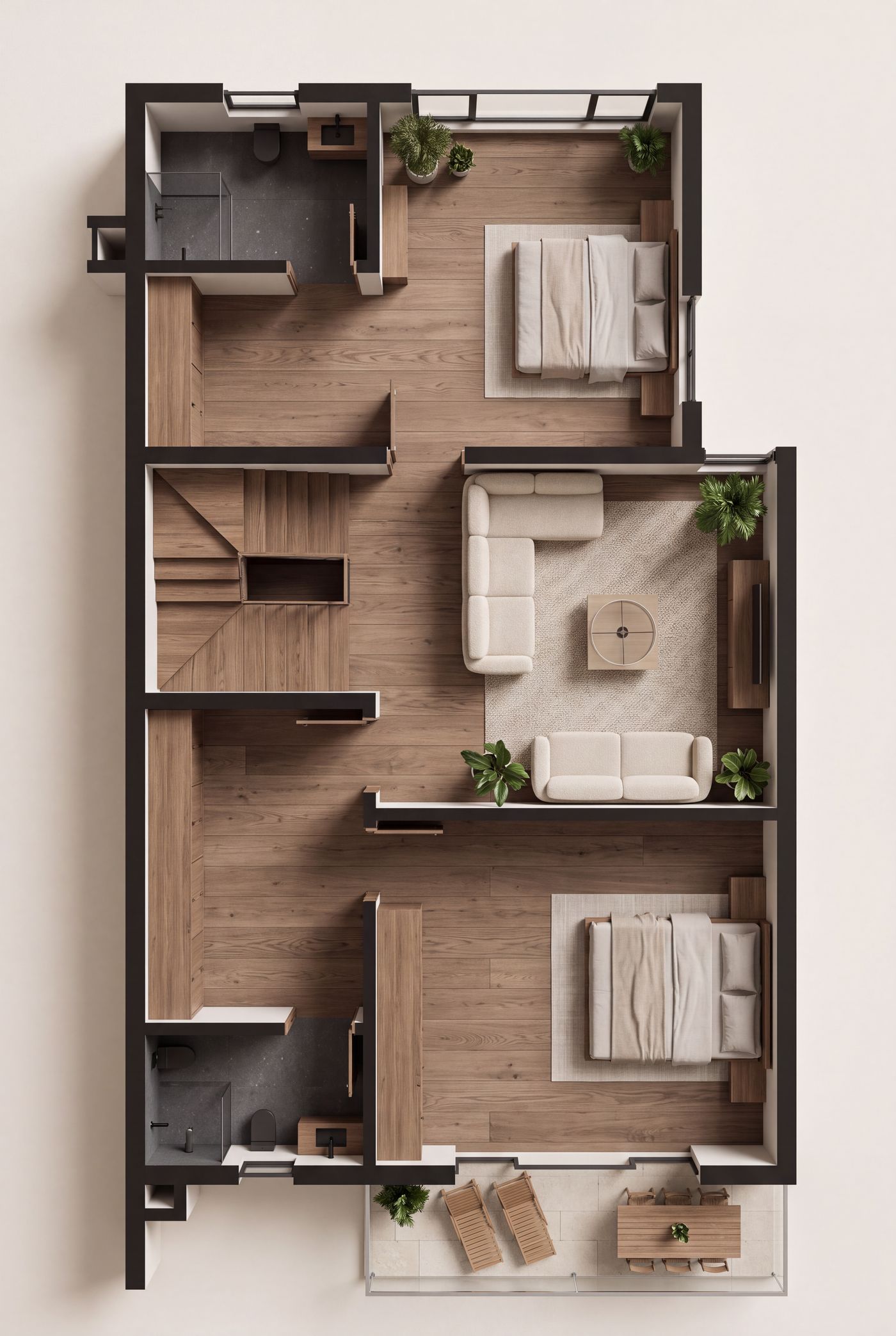 Furnished plan of the Claire Mont terrace first floor