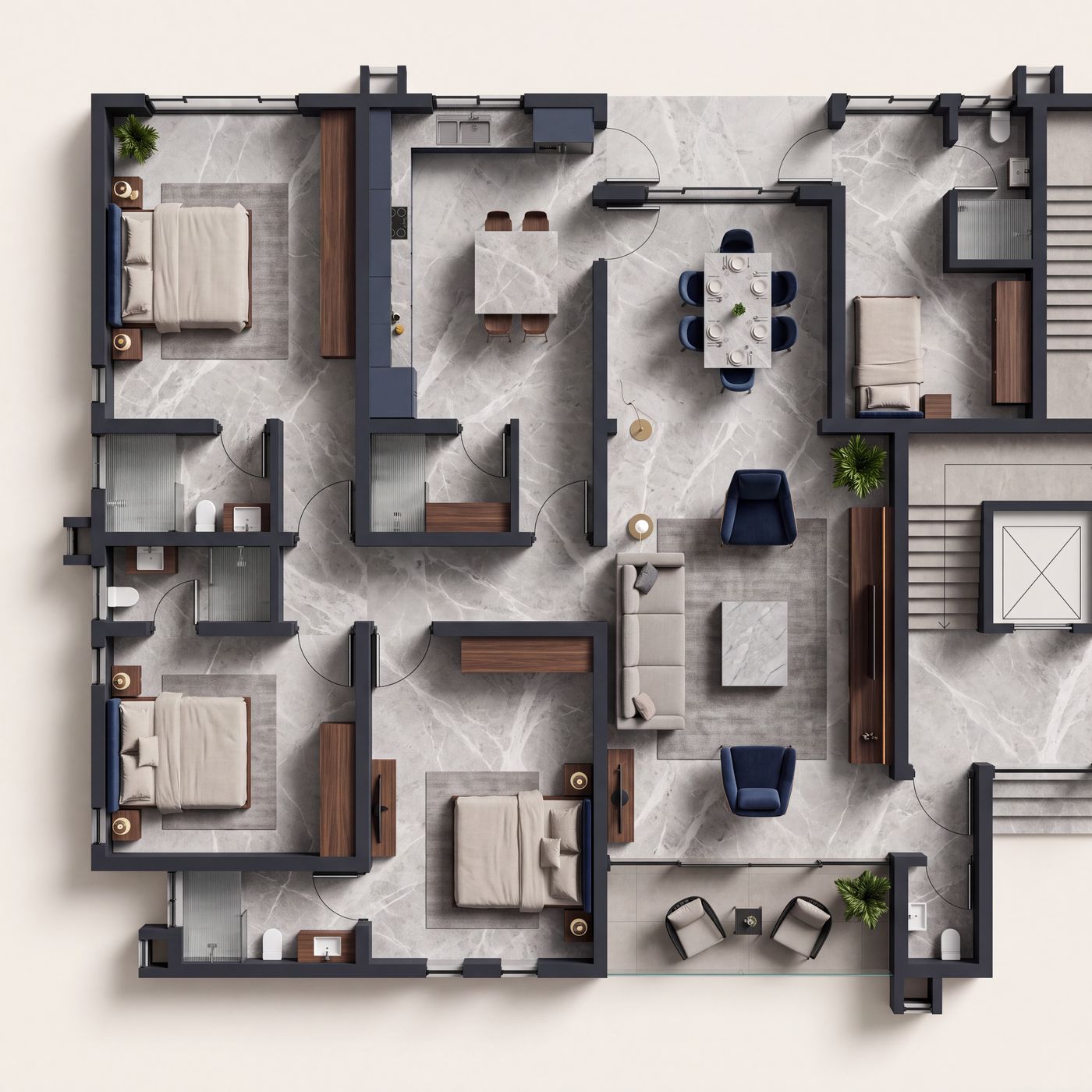 Furnished plan of a Claire Mont ground floor apartment