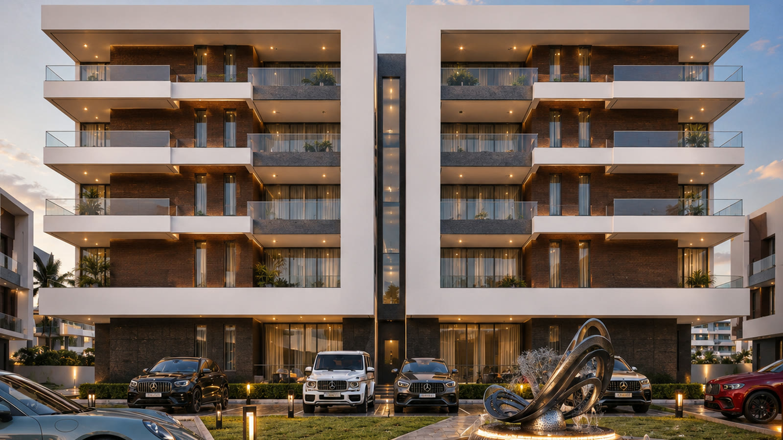 Claire Mont, the apartment blocks at Plot 22 Katampe Extension, Abuja, shown at dusk