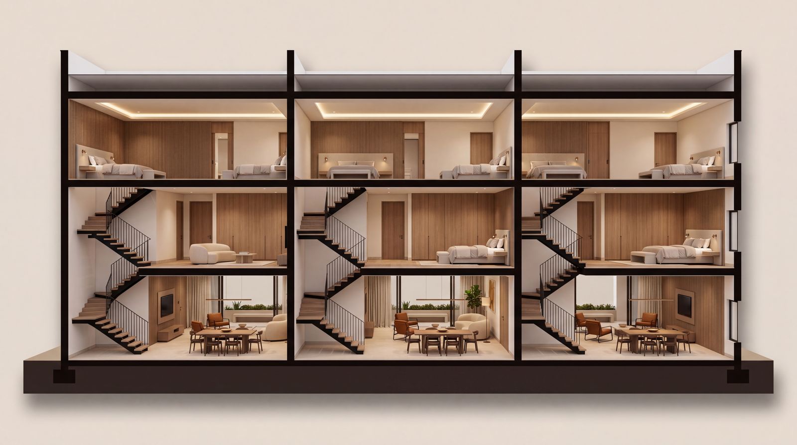 Furnished section through three Claire Mont terrace houses showing three floors, the open stair and the rooms