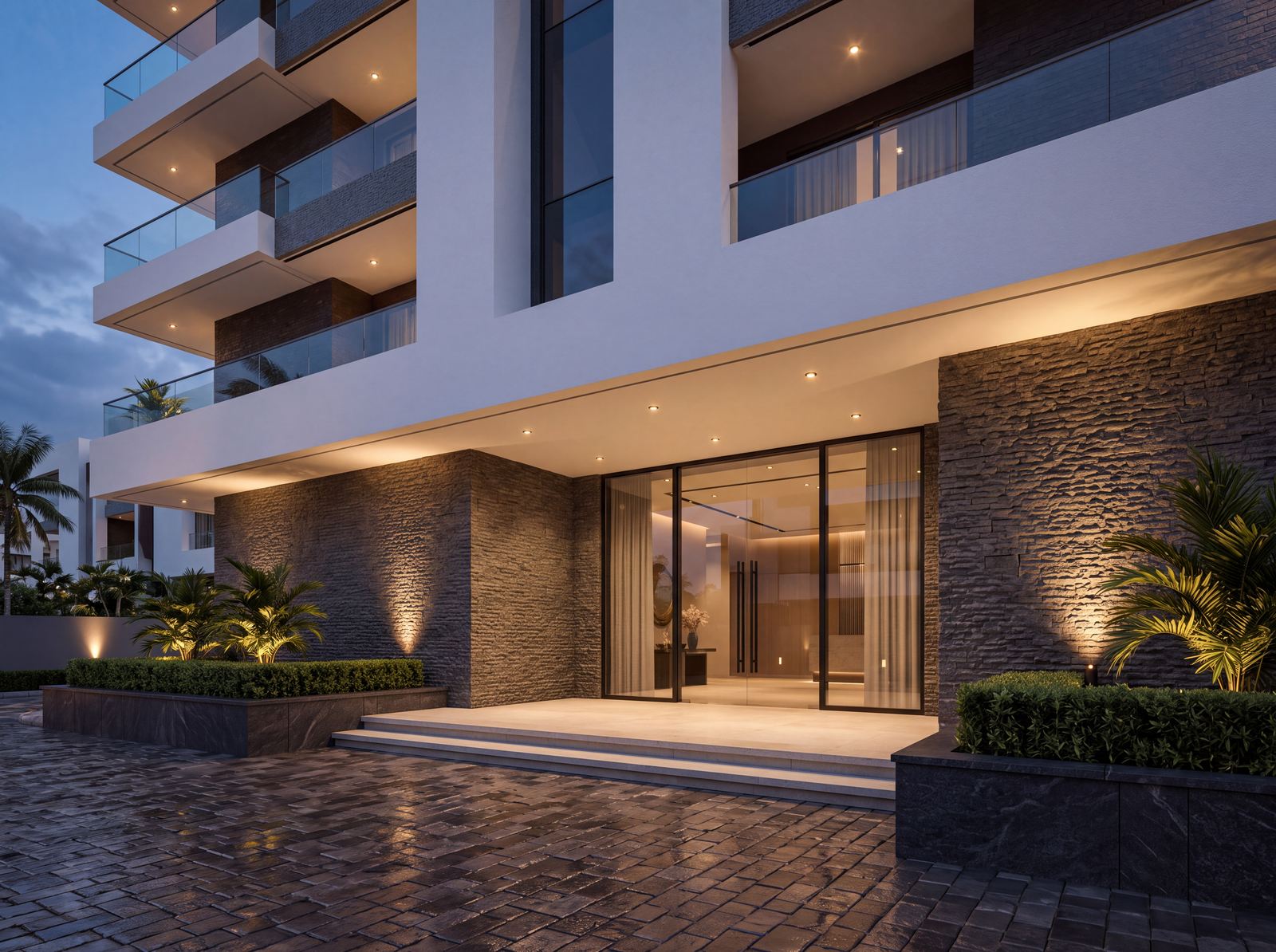 Design visualisation of the Claire Mont apartment entrance beneath the glazed stair core