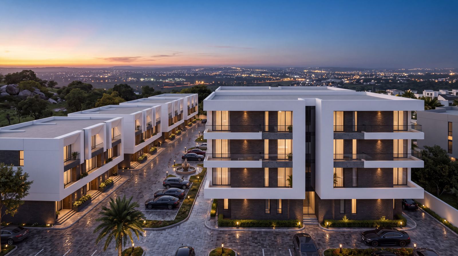 Design visualisation of Claire Mont on the Katampe ridge at dusk with the lights of Abuja beyond