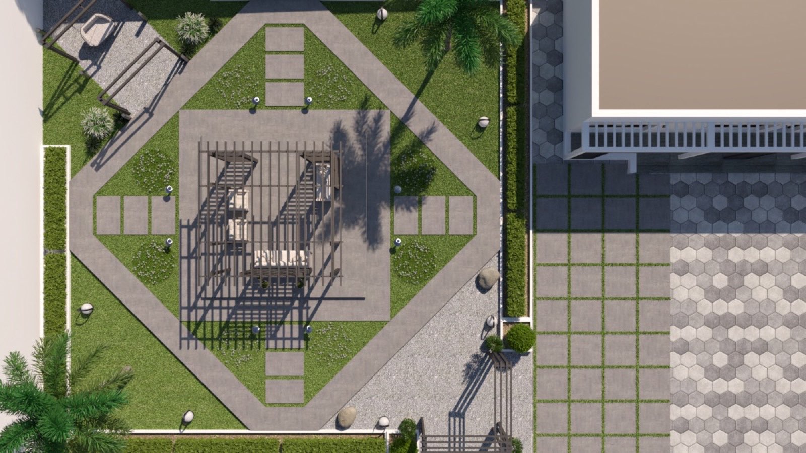 Aerial visualisation of the central courtyard at the Courtyard House