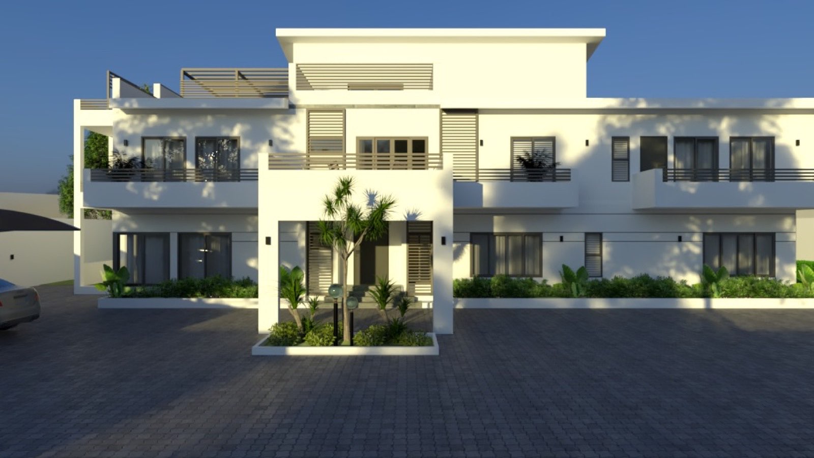 Design visualisation of the Courtyard House garden front at dusk