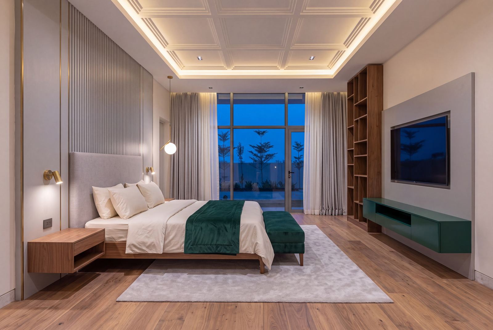 Design visualisation of the Emerald City master bedroom looking to the front terrace at dusk
