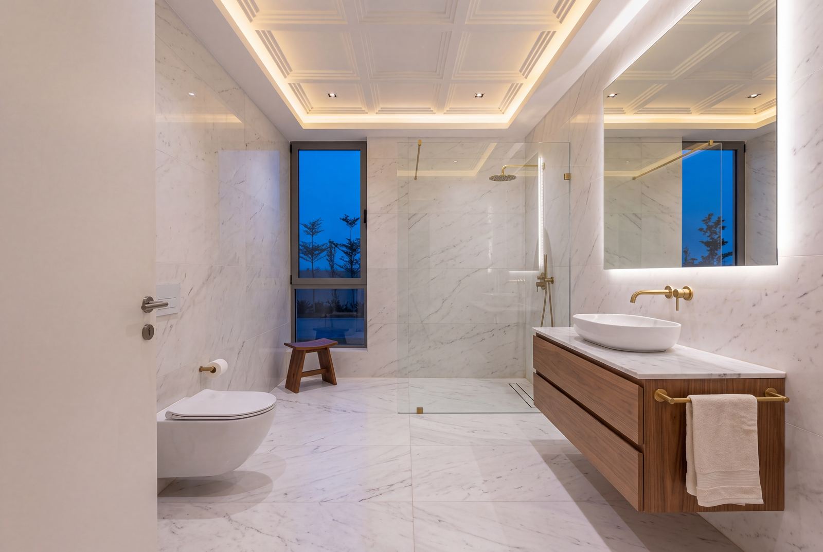 Design visualisation of the Emerald City master bathroom in white marble and brass