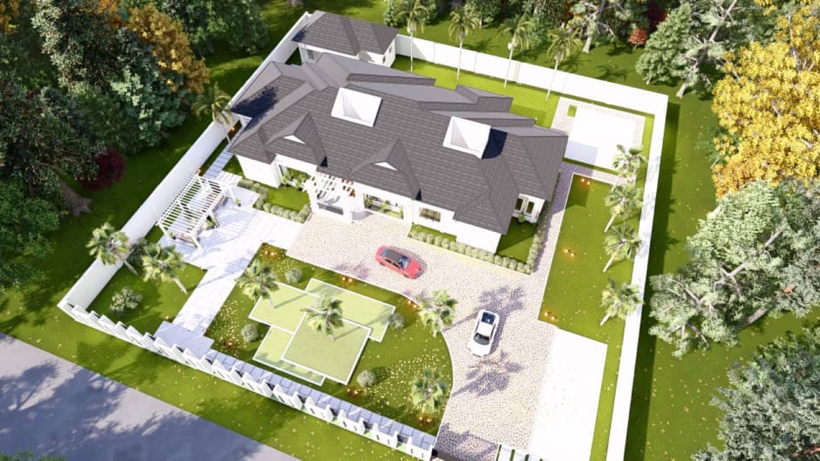 Aerial visualisation of a residence and its grounds at the Low Houses