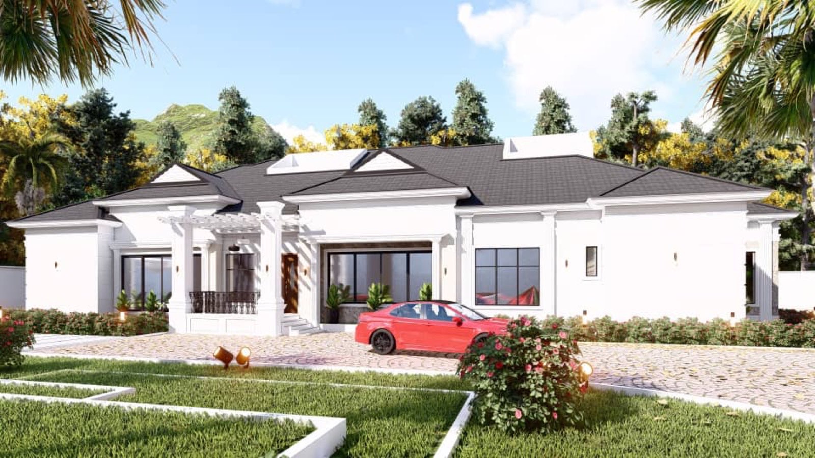 Single-storey residence with white walls and dark roof at the Low Houses, Minna