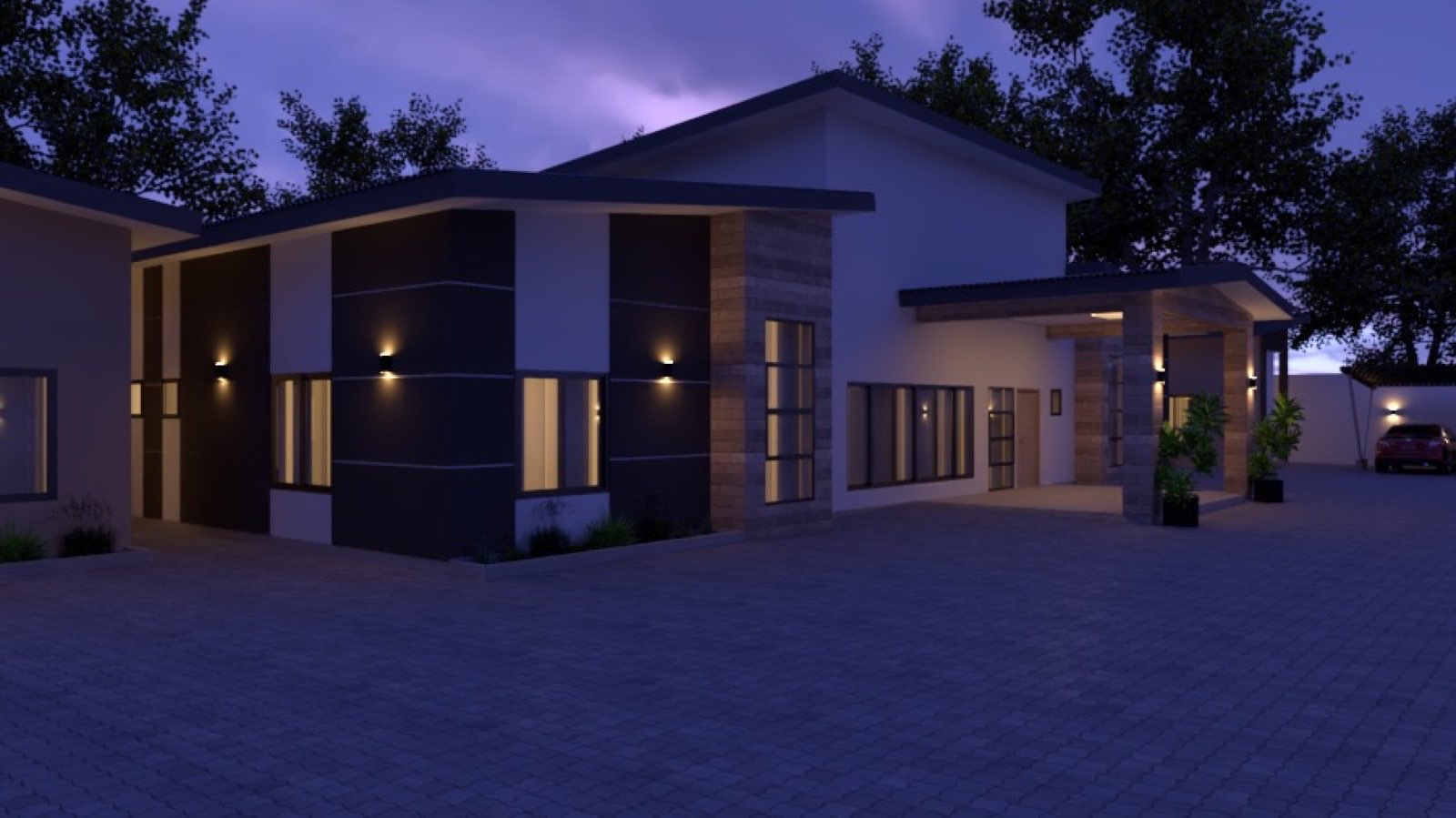 Design visualisation of the remodelled Stone House at dusk, Kaduna