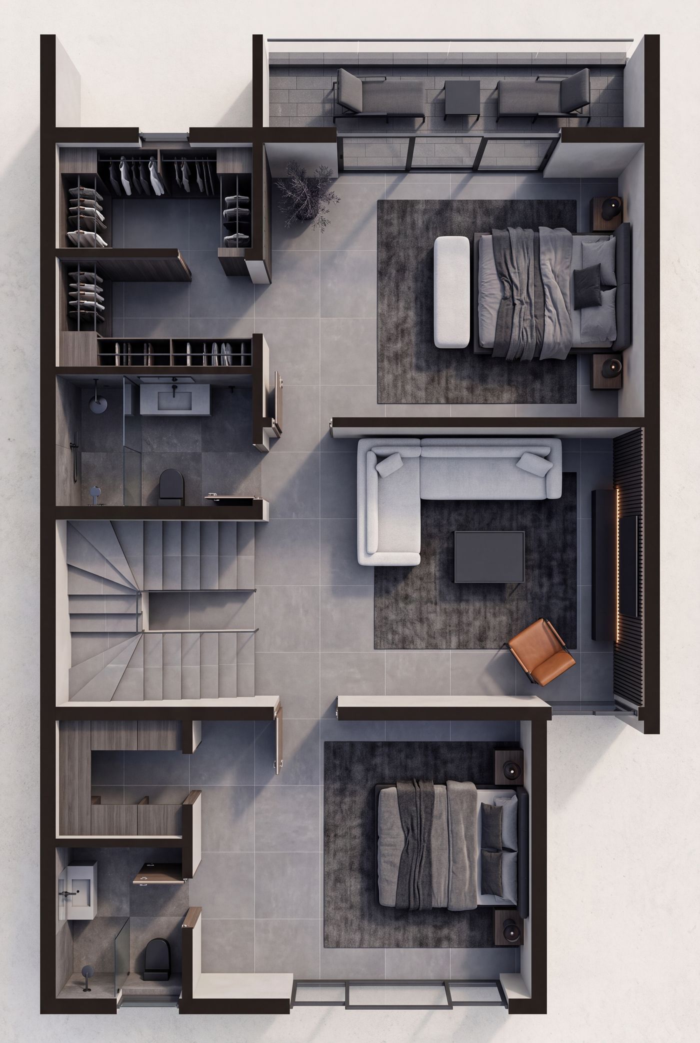 Furnished top-down plan of The Axis terrace first floor in the Iron register