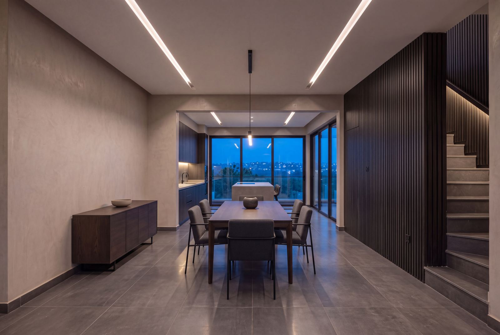 Design visualisation of The Axis dining room looking back to the kitchen, the stair rising on the right