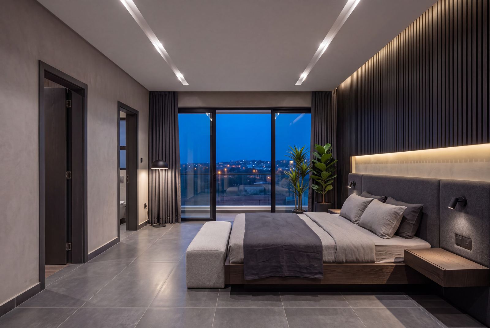 Design visualisation of The Axis master bedroom looking to the balcony at dusk
