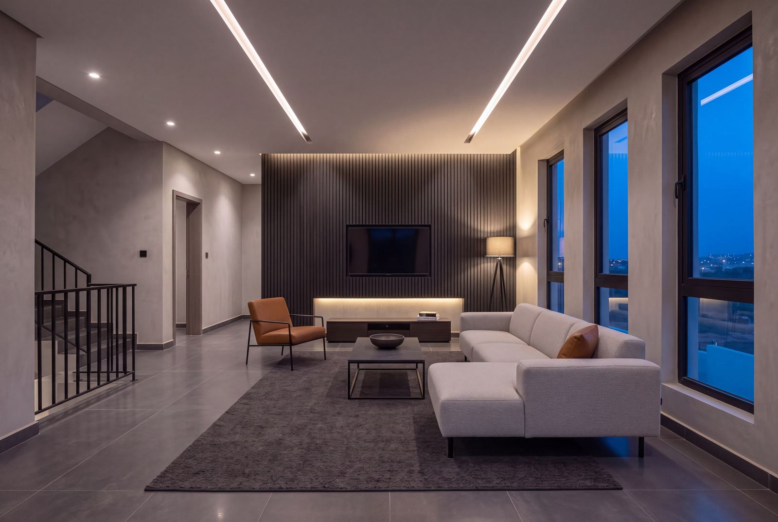 Design visualisation of The Axis first-floor family lounge with a slat media wall