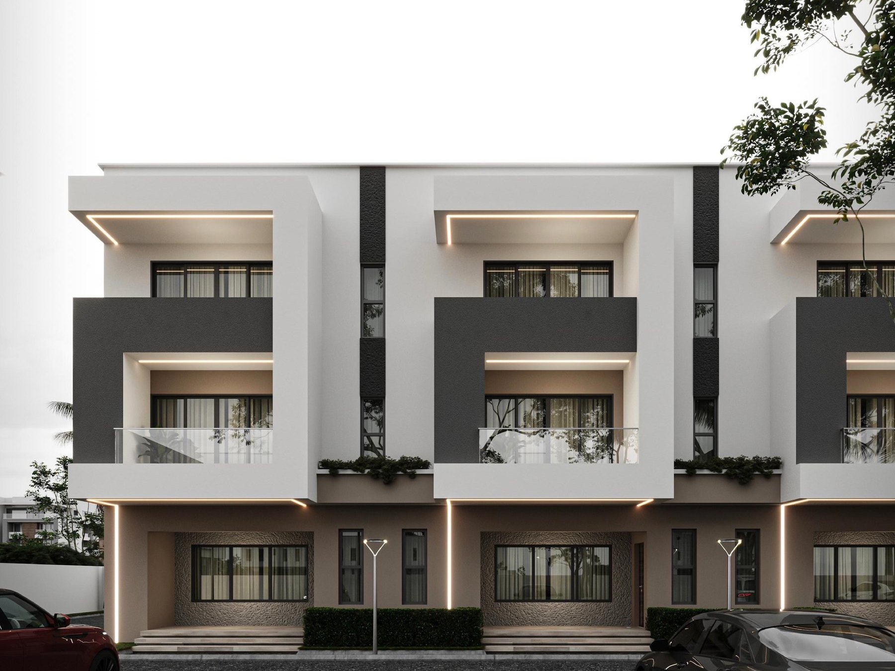 Design visualisation of The Axis terraces seen front on, Kaura, Abuja