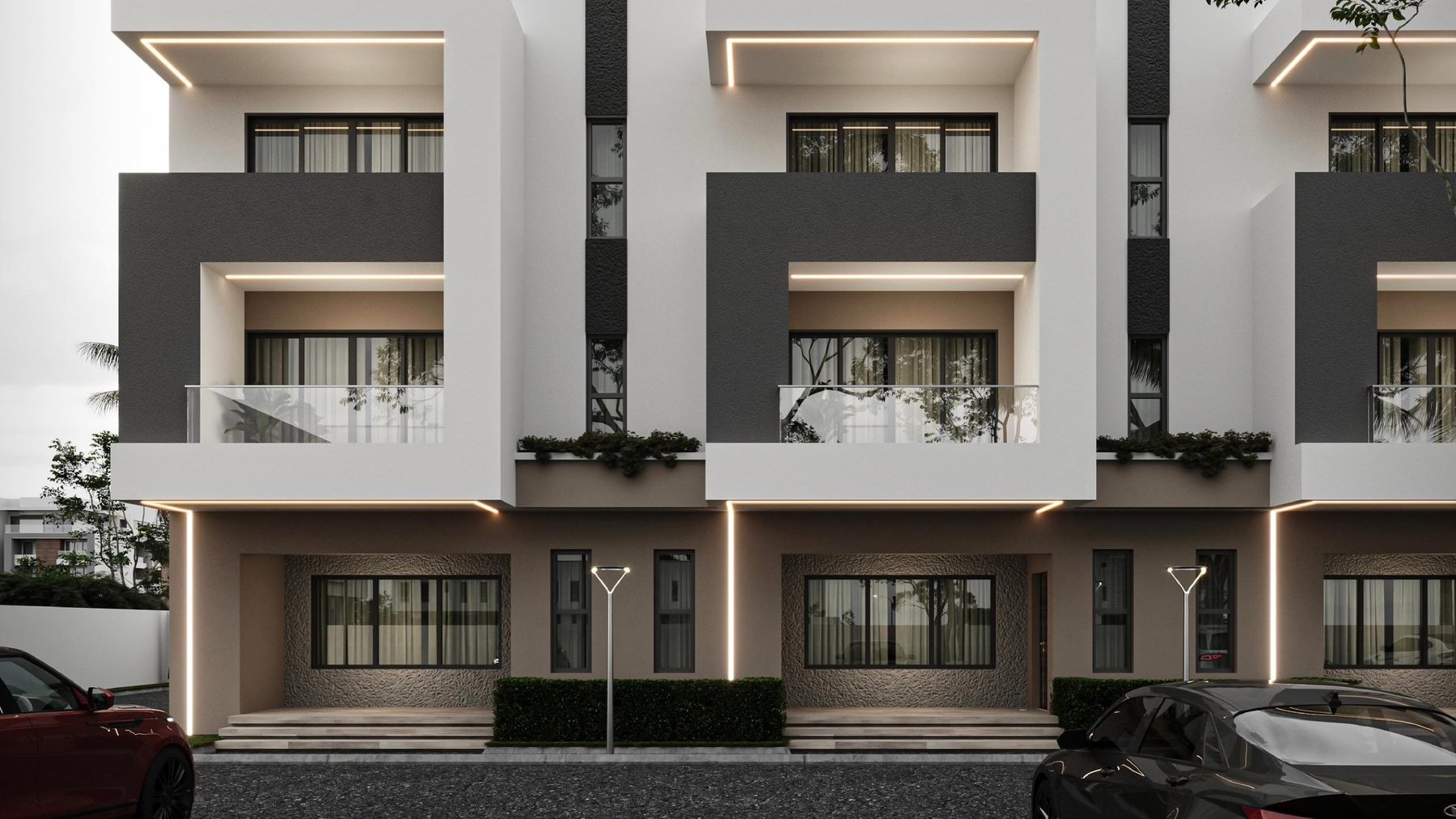 Design visualisation of The Axis terraces seen front on, Kaura, Abuja