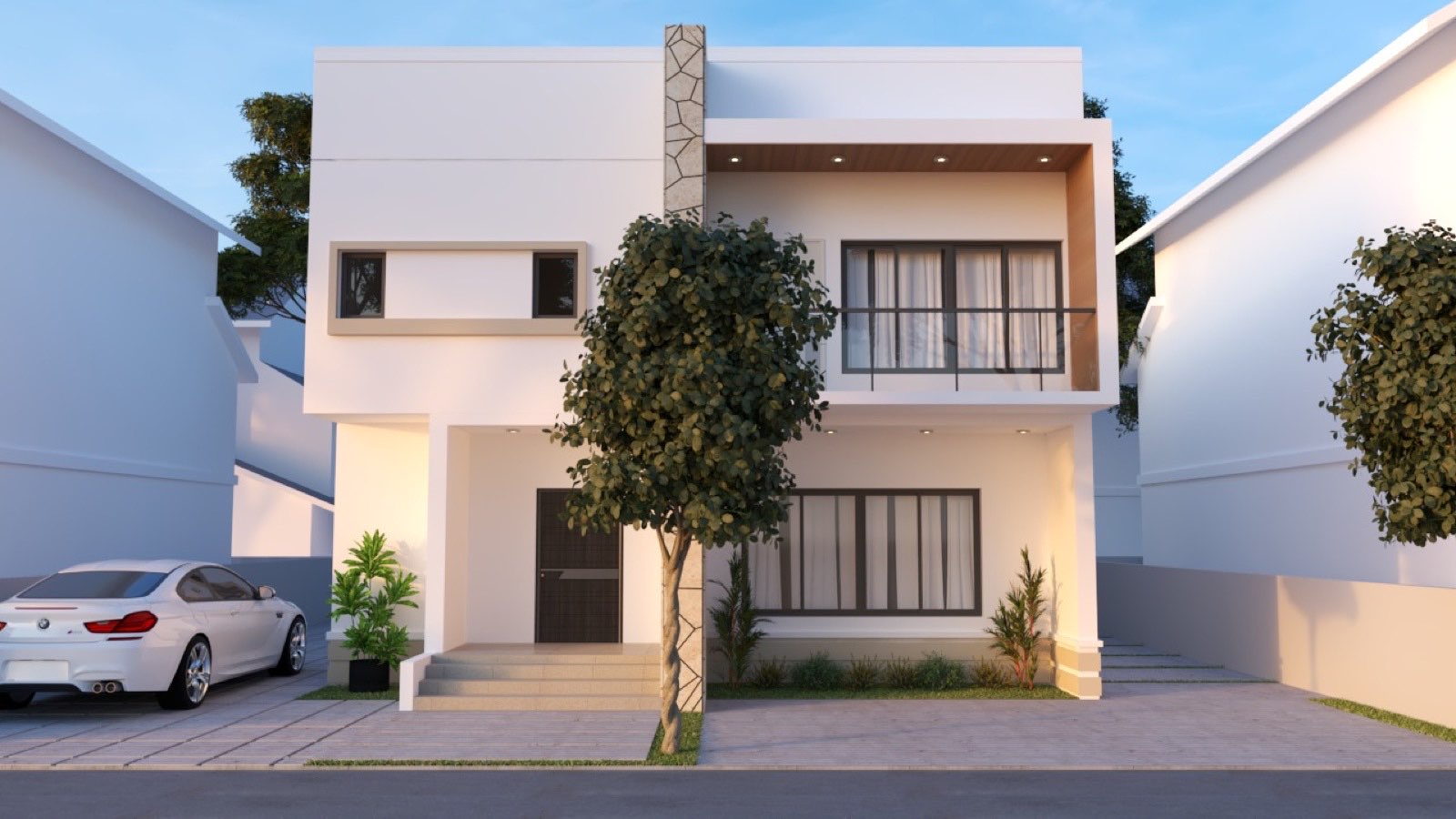 Refurbished duplex at Wiser Court, Abuja, seen from the street with mature trees